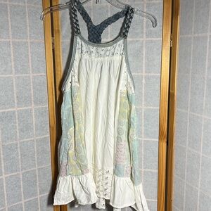 Free People medium babydoll patchwork multicolor white braided denim straps top